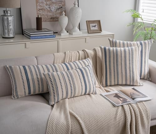 Cethom Blue Boho Lumbar Pillow Covers 14x36 Long, Stripe Textured Decorative Couch Pillow Cases for Bed, Sofa, Living Room, Bedroom, Farmhouse Home Accent Cushion Covers, Pack of 1 - color: Blue, size: 36" x 14" (Pack of 1)