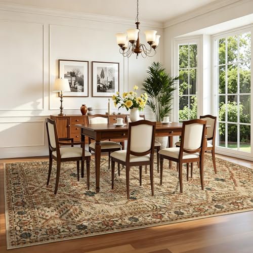 Joydeco 5x7 Area Rugs for Living Room, Machine Washable Vintage Area Rugs, Low Pile Non Slip Carpet, Lightweight Chenille Print Rug for Bedroom, Dining Room, Home Office, Tan - color: Tan, size: 5' x 7' (Rectangular)