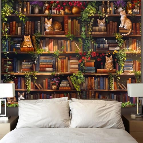 Accnicc Plant Cat Bookshelf Tapestry Botanical Floral Flower Cats Book Tapestries Wall Hanging Vintage Library Extra Large Tapestry for Bedroom Living Room Dorm 90 x 68 inch - color: Green Brown, size: 90"L x 68"W