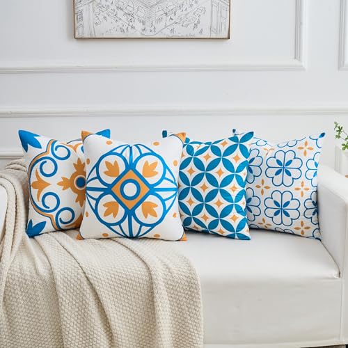 Set of 4 Boho Throw Pillow Covers 18x18 Inch, Blue Orange Pattern Decorative Pillow Case Soft Square Velvet Cushion Covers for Couch, Sofa, Living Room, Bedroom, Patio, Porch, Outdoor Home Décor - color: Tile Geo, size: 18" x 18" (Pack of 4)