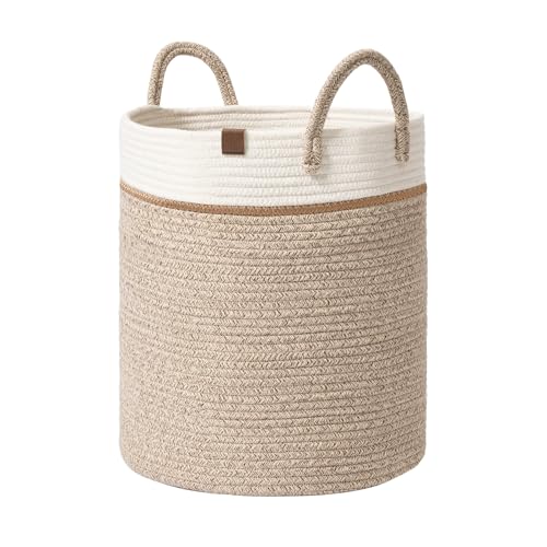 LA JOLIE MUSE Woven Basket Rope Storage Baskets - Tall Cotton Basket 16 x 14 x 14 Inches, Laundry Basket for Blanket, Kids Toy, Nursery Clothes Hamper Basket White & Desert - color: White & Desert, size: M