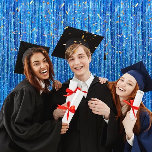 Crosize 2 Pack 3.3 x 9.9 ft Laser Royal Blue Foil Fringe Curtains Party Decorations,Tinsel Curtain Backdrop for Parties, Door Streamers, Glitter Streamer Backdrop for Birthday Decoration - color: Laser Royal Blue, size: 2 Pack