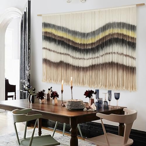 Macrame Wall Hanging Boho Chic Wall Art Macrame Wall Decor Fiber Yarn Tapestry Dip-Dye Living Room Home Bedroom Wall Decor 57" Wx 35" L - color: Coffee Yellow