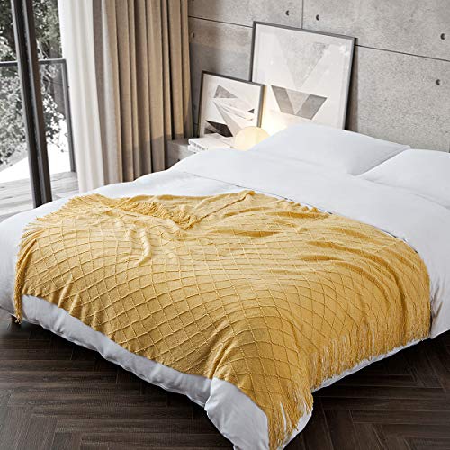 TREELY Knit Throw Blanket for Couch,Soft Knitted Blankets with Tassels Fringe 50" X 67.7", Decorative Lightweight Throws Blanket Farmhouse Bed Sofa Fall Outdoor, Yellow