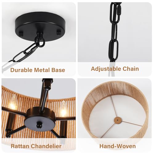 5-Light Boho Rattan Chandelier, 19'' Large Farmhouse Chandeliers Hand Woven Rattan Pendant Light Fixture, Black Wicker Chandelier for Dining Room Foyer Entryway Hallway Bedroom Kitchen Living Room - color: 5-Light Black