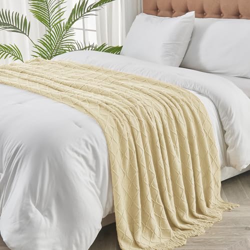 inhand Knitted Throw Blanket for Couch and Bed, Soft Living Room Home Decor Knitted Blanket with Tassel, Outdoor Lightweight Breathable Summer Blanket, Farmhouse Warm Woven Decorative, 50"x60" - color: Cloud Cream, size: 50"x60"