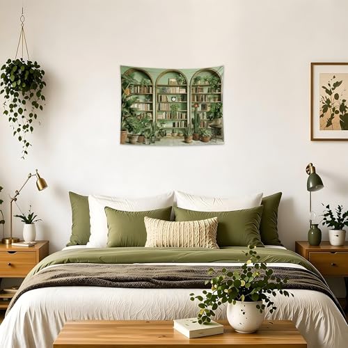 QGHOT Sage Green Vintage Tapestry Botanical Bookshelf Tapestry Wall Hanging Fake Potted Office Zoom Video Backdrop for Study Room Bedroom Living Room Decor, 39.4" x 31.5" - color: Z, size: 31.5"L x 39.4"W