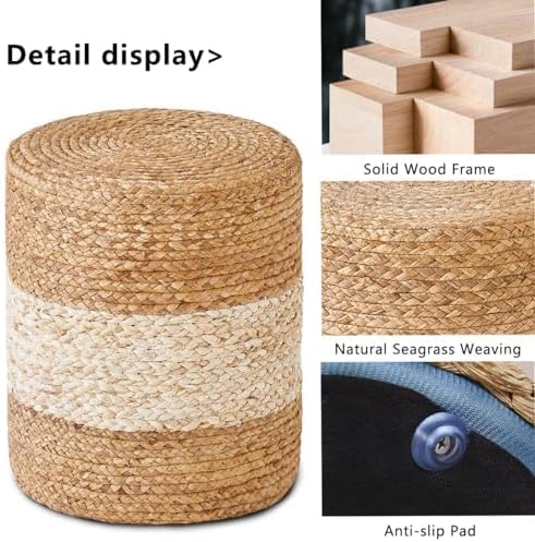 Wimarsbon 2Pcs Pouf Ottomans, Natural Seagrass Foot Stool, Hand Weaving Round Ottoman, Boho Decorative Seat, Jute Braided Pouffe Poof Accent Sitting Footrest for Living Room (White)