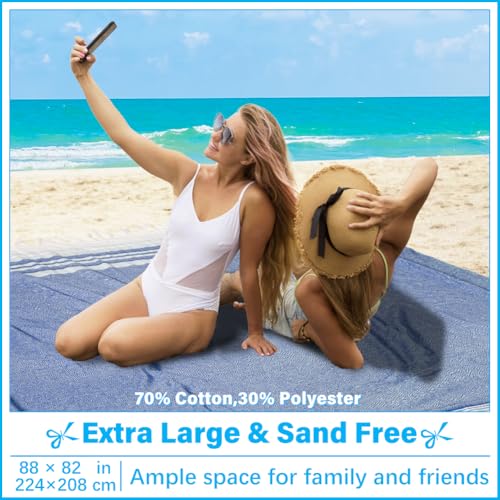 Vikumond Oversized Turkish Beach Towel Blanket XXL Cotton Sandproof Towels Boho Woven Extra Large Big Sand Free Giant Throw Blankets Huge Quilt XL Picnic Camping Necessities Cloud for Adult Gifts - color: Z Blue Mtb, size: Xxxl(88x82 In,224x208 Cm)