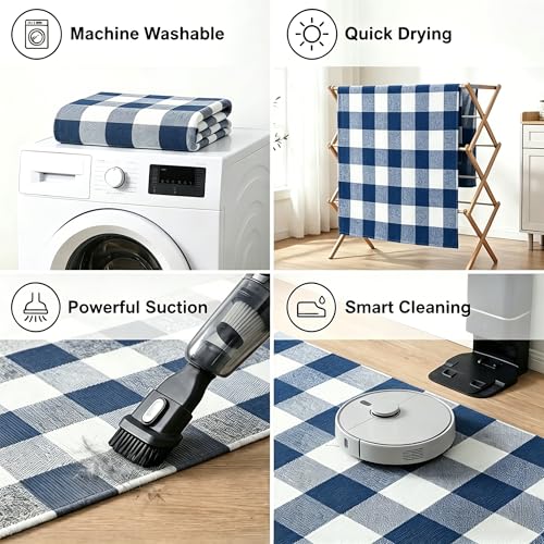 MUBIN Cotton Buffalo Plaid Rug, 3' x 5' Navy Blue White Outdoor Rug Front Door Decorative Mat, Washable Doormat Foldable Area Rug Layered Door Mats Rug for Front Porch, Entryway, Patio - color: Navy Blue White Plaid, size: 3' x 5' (Rectangular)