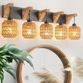 5-Light Bathroom Vanity Light Fixtures, Rustic Style Rattan Vanity Lights with Handmade Bamboo Woven Boho Wicker Lampshade, Farmhouse Wooden Bracket, Suit for Stairway Bedroom and Hallway - color: 5-Light