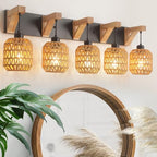 5-Light Bathroom Vanity Light Fixtures, Rustic Style Rattan Vanity Lights with Handmade Bamboo Woven Boho Wicker Lampshade, Farmhouse Wooden Bracket, Suit for Stairway Bedroom and Hallway - color: 5-Light