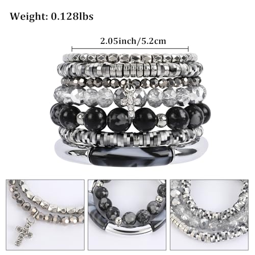 Bohemian Natural Stone Beaded Bracelets for Women Men Stackable Stretch Beads Bracelet Set with Charm and Tassel Multilayered Elastic Gemstone Bracelets Summer Beach Boho Jewelry Gift for Women - color: Black-1
