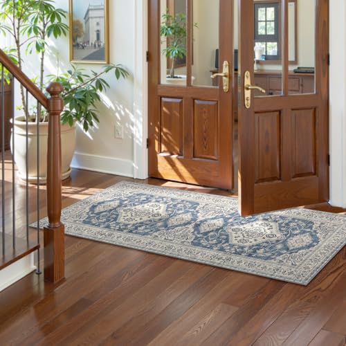 Lahome Oriental Kitchen Runner Rug Non Slip, 2x5 Washable Hallway Runner with Rubber Backing, Vintage Hallway Rug Ultra-Thin Soft Carpet for Bedroom Bathroom Eleanor, Blue - color: Blue, size: 2' x 5' (Runner)