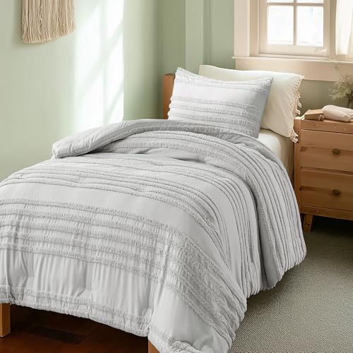 BEDELITE Boho Twin/Twin XL Comforter Set，Light Grey Tufted Striped Bed Set 2 Pieces, Soft Vintage Farmhouse Comforter for College, Boho Home Dorm Decor, Fluffy Jacquard Bedding with 1 Pillow Sham - color: Light Grey, size: Twin/Twin XL