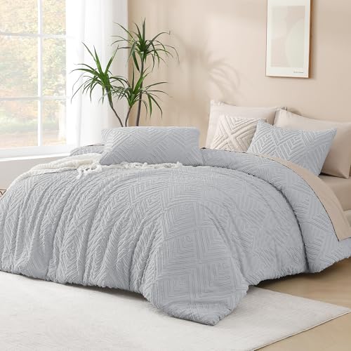 Andency Light Grey Comforter Full Size, 3 Pieces Boho Lightweight Fluffy Bedding Comforter Set for Full Bed, Tufted Farmhouse Design Bed Set for All Seasons (1 Comforter 79x90In, 2 Pillowcases) - color: 03 - Light Grey, size: Full (79"x90")