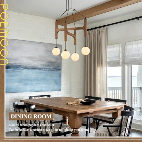 Farmhouse Wooden L24'' Chandelier Rustic Oak Wood Pendant Lights Mid Century 4-Light Milk Glass Globe Pendant Chandelier for Dining Room Kitchen Foyer Entryway Bedroom, G9 - color: Golden Oak, size: L24 inches