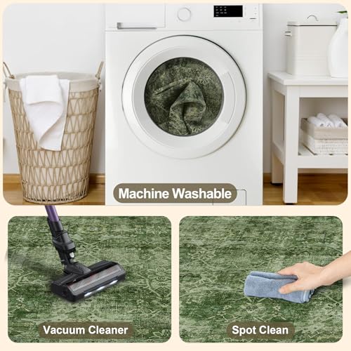 2x8 Runner Rug Green Vintage Washable Runner Rugs for Hallway Kitchen Low Pile Non-Slip Retro Distressed Accent Throw Carpet for Entryway Bathroom Bedroom Green - color: Green, size: 2'*8'(Runner)