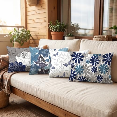 COMMINY Lumbar Throw Pillow Covers 12x20 Inch Set of 6, Blue Grey Pillow Cases for Couch Room Decor, Farmhouse Daisy Dahlia Lumbar Pillow Cover, Indoor Decorative Cushion Cover Only, No Insert - color: Blue Daisy, size: 20" x 12" (Pack of 6)