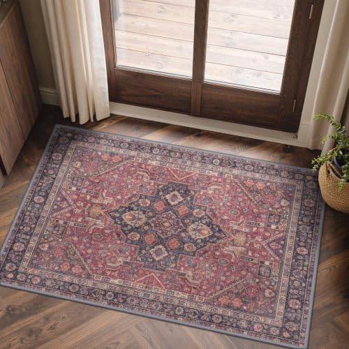 GENIMO Area Rug 2x3 Doormat, Machine Washable Low Pile Rugs, Small Retro Entryway Mat for Entrance, Hallway, Kitchen and Corridor,Vintage Scarlet - color: Vintage Scarlet, size: 2' x 3' (Rectangular)