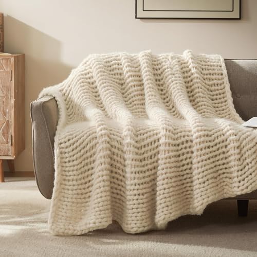 SLEEP ZONE Throw Blanket for Couch - Chunky Knit Hollow Blanket, Throw Blankets for Bed, Handmade Long Plush Cat Yarn, Soft Fluffy Knit Blankets Home Decor (Beige, 50x60in) - color: Beige, size: 50*60