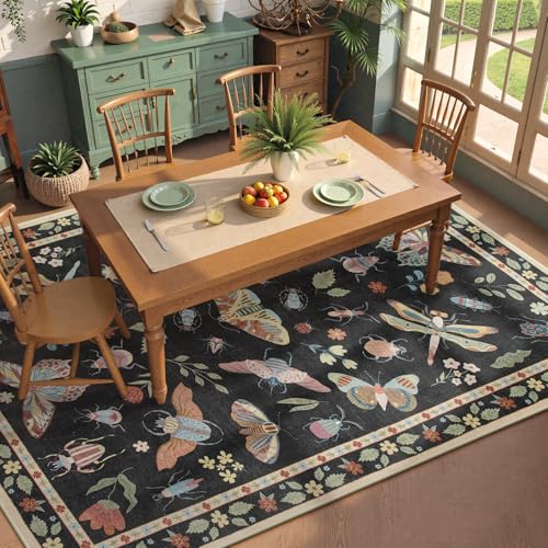 Beeiva Insect Print Rug 8x10, Washable Throw Rugs for Bedroom Under Bed, Boho Non Slip Low Pile Ultra Thin Foldable Large Carpet for Kids Room Playroom Living Room Decor(Black,8x10ft) - color: Black, size: 8' x 10' (Rectangular)
