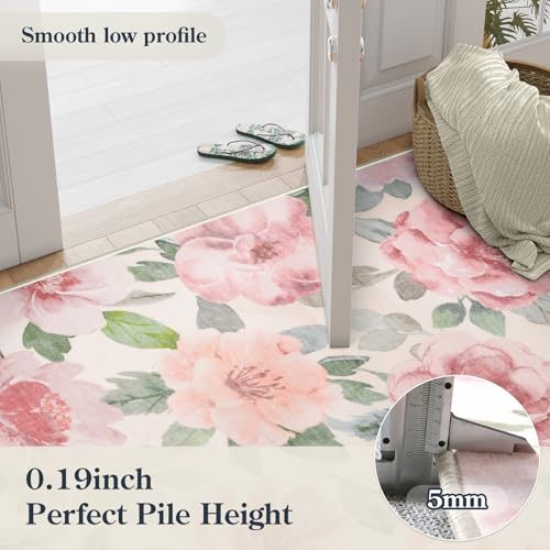 Lahome Floral Washable Rugs 3x5,Entryway Rug Soft Bedroom Rugs Ultra-Thin Home Decor Small Carpet for Bathroom Kitchen Rugs Kids Room,Office,College Dorm 3x5（Beige/Multi - color: Beige/Camellia, size: 3' X 5'(rectangular)