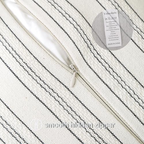 Set of 2 Striped Throw Pillow Covers 18x18 Inch, Boho Linen Blend Pillow Cases with Tassel Fringe, Black White Stripe Decorative Covers with Hidden Back Zipper for Couch Farmhouse Home Decor