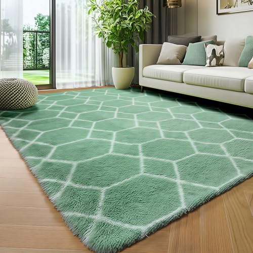 ONASAR Area Rugs for Bedroom Living Room, 4x6 Fluffy Sage Green and White Throw Rug, Soft Plush Fuzzy Shaggy Geometric Floor Carpet for Nursery Kids Girls Boys Teen Dorm Home Decor Aesthetic - color: Sage Green / White, size: 4' x 6' (Rectangular)