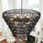 39.4" Large Rattan Chandelier, 15-Light Black Boho Woven Wicker Chandeliers, 7-Tier Rustic Farmhouse Drum Light Fixture for Dining Room, Kitchen, Living Room, Entryway, E12 - color: Black 39IN
