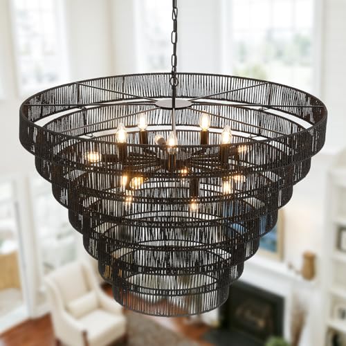 39.4" Large Rattan Chandelier, 15-Light Black Boho Woven Wicker Chandeliers, 7-Tier Rustic Farmhouse Drum Light Fixture for Dining Room, Kitchen, Living Room, Entryway, E12 - color: Black 39IN