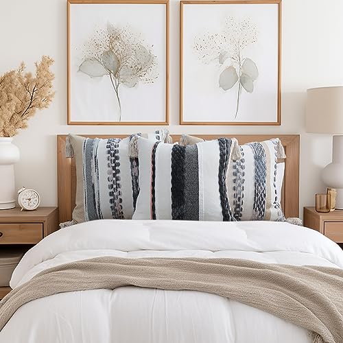 decorUhome Boho Decorative Throw Pillow Covers 18x18 Set of 2, Striped Chenille Tufted Pillow Covers with Tassels for Couch Bed Sofa, Cream White and Dark Grey - color: Cream White and Dark Grey