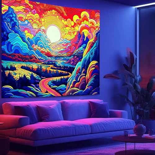 Apdidl Blacklight Posters Sun Mountain Tapestry for Bedroom Aesthetic, Black Light UV Reactive Posters Nature Sunrise Forest Wall Tapestries, Colorful Starry Night Sky Wall Hanging for Living Room 51"x60" - color: Mountain Blacklight Tapestry, size: 60"L