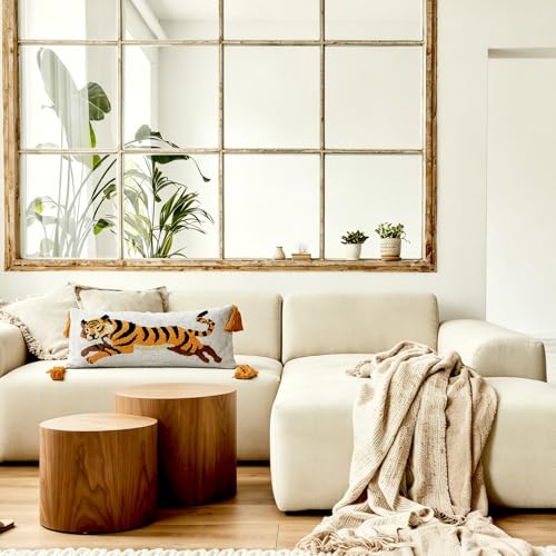 Beeveer Tiger Hooked Wool Pillow 8 x 22 Inch Tiger Fringe Lumbar Throw Decorative Animal Needlepoint Pillow with Zipper Embroidery Tufting Silver Thread for Home Couch Sofa Bedroom Living Room - color: Tiger, size: 8 x 22 Inch