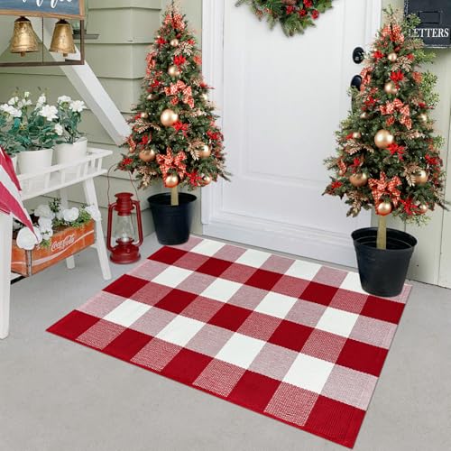 Buffalo Plaid Outdoor Rug 2x3 Front Door Mat Red and White Christmas Rug Cotton Washable Indoor Outdoor Rugs for Entryway Patio Kitchen Bedroom - color: Red and White, size: 2‘×3’