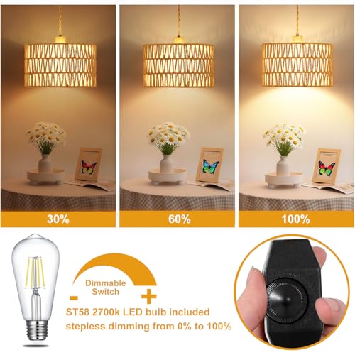 Dimmable Boho Hanging Lights with Plug in Cord 14.7ft，2 in 1 Shade Plug in Pendant Light Rattan Hanging Lamp with E26 Bulb, Long Lasting Wicker Plug in Pendant lamp Fixture for Living Bedroom - size: 2 tier HL-10