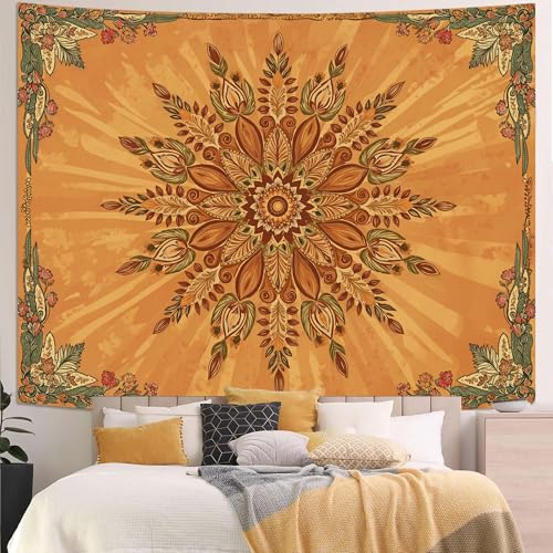 Accnicc Boho Floral Mandala Tapestry for Bedroom Bohemian Flower Wall Tapestry Aesthetic Extra Large Vintage Orange Hippie Indian Tapestries Wall Hanging for Living Room Dorm Decor 90 x 68 Inch - color: Orange Red, size: 90"L x 68"W