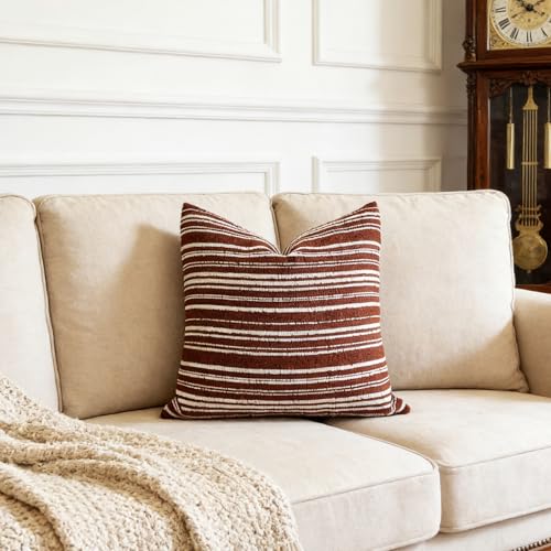Slow Cow Boho Chenille Textured Woven Stripe Throw Pillow Covers Decorative Cushion Cover Square Pillow Cover Accent Neutral Pillowcase 18 x18 Rust - color: Rust, size: 18" x 18" (Pack of 1)