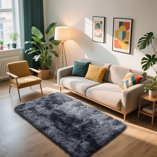 Shag Area Rug for Bedroom 3x5,Tie-Dyed Black Fluffy Area Rugs for Living Room,Soft Fuzzy Rug Non-Shedding Indoor Plush Carpet for Kids Bedroom Nursery Dorm Home Decor - color: Mottling Black, size: 3' x 5' (Rectangular)