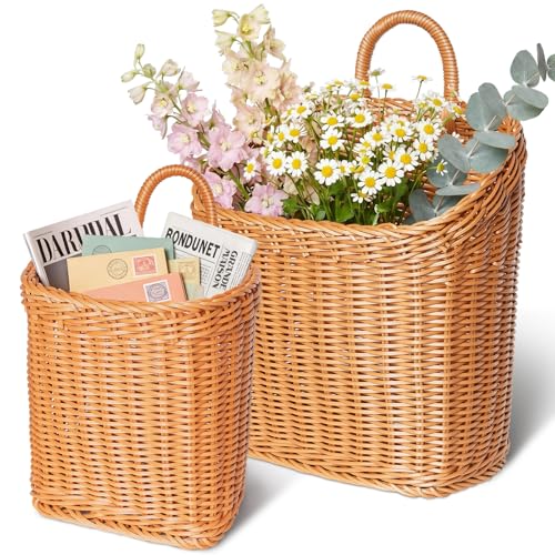 MIPON 2 Pack Handmade Woven Hanging Waterproof Plastic Rattan Wicker Basket | Wall Mounted Organizer, Small & Large Storage, Bathroom, Kitchen, Entryway, Farmhouse Decor