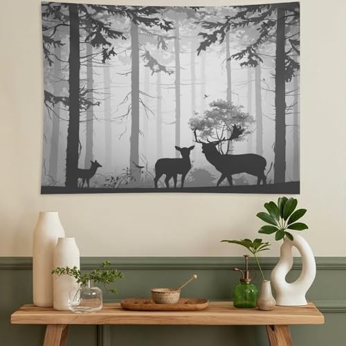 ZhiRain Deer Tapestry Wall Hanging Foggy Forest Nature Wildlife Retro Rustic Cabin Art Printed Tapestries Home Decor for Living Room Bedroom Farmhouse Apartment Dorm 30"x40" - color: Cabin-15, size: 30"L x 40"W