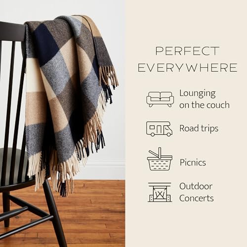 Pendleton Eco-Wise Washable Throw with Fringe 54" x 60" - 100% Wool, All Season, Washable, Soft and Durable Blanket for Home and Outdoor Adventures - Navy/Camel - color: Navy/Camel