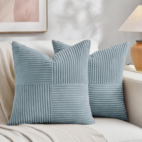 Fancy Homi Set of 2 Light Blue Samll Decorative Throw Pillow Covers 12x12 Inch with for Couch Bed Sofa Living Room, Soft Cross Patchwork Striped Corduroy Coastal Blue Square Cushion Case 30 cm - color: Light Blue, size: 12" x 12" (Pack of 2)