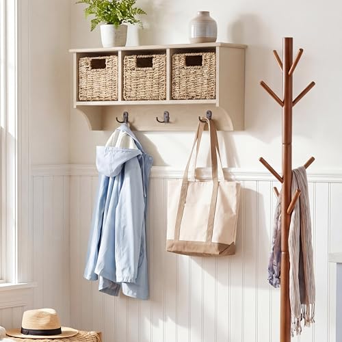 SAFAVIEH Home Collection - Finley Sand Wall Mounted 3-Basket Storage Rack with Hooks & Seagrass Baskets (HAC5700E) - color: Sand