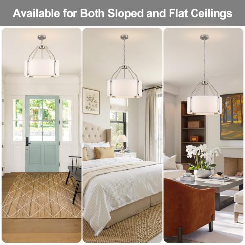 18 Inches Drum Chandeliers, Silver Drum Pendant Light Fixture with White Linen Fabric Shade, White Chandelier Adjustable Modern Farmhouse Hanging Lights for Dining Room Bedroom Kitchen Foyer - color: 18Inch Nickel&White