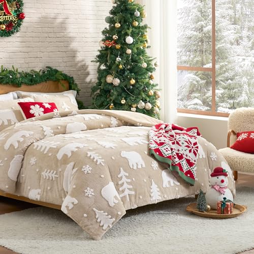 Amélie Home Christmas Comforter Set Queen, Fluffy Christmas Bedding Set with Polar Bear, Beige Fleece Plush Comforter, 3 Pieces, 1 Soft Comforter and 2 Pillowcases - color: Christmas Polar Bear Beige, size: Queen (90"x90")