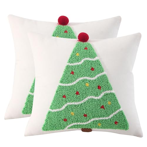 Christmas Tufted Pillow Covers 18 x 18 Inch Set of 2 Green Xmas Tree Throw Pillow Covers Christmas Party Decors Winter Holiday Cushion Case for Sofa Couch Bed Living Room - color: Green Christmas Tree, size: 18" x 18" (Pack of 2)