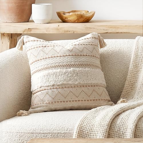 BlissBlush 20X20 Throw Pillow Cover, Cream Neutral Beige Square Decorative Cushion Cover, Boho Accent Pillowcase with Tufted Details and Tassels for Couch Sofa Living Room (Cover Only) - color: Beige, size: 20" x 20" (Pack of 1)