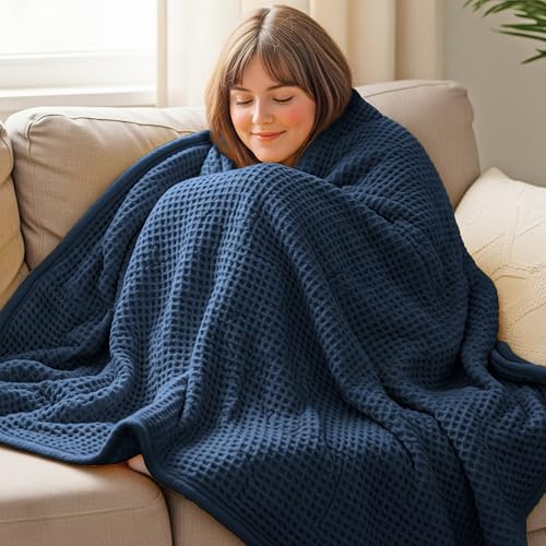 THREAD SPREAD 100% Cotton Waffle Twin Size Blanket for Bed - Soft Lightweight Breathable Waffle Weave Twin Blanket for All Season, Textured Throw Blankets for Bed, Sofa, Hotel, Hospital - Navy Blue - color: Waffle - Navy Blue, size: Twin / Twin XL