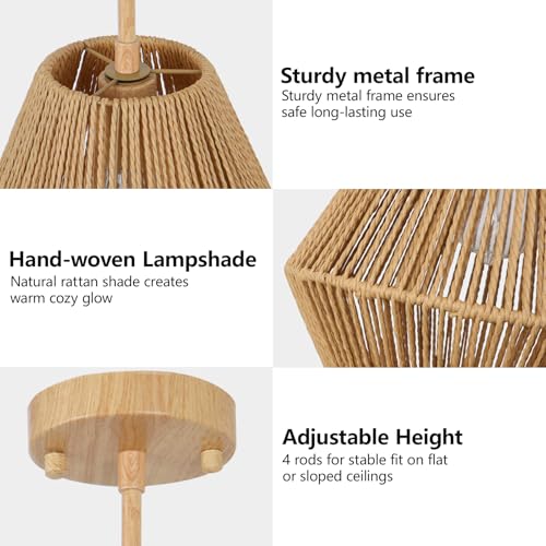 LynPon 12“ Boho Rattan Pendant Light with Rod Hanging, Natural Handwoven Boho Hanging Lamp, Rustic Farmhouse Rattan Chandelier for Dining Room Kitchen Island Bedroom Hallway Foyer Bathroom - color: 12" Wood Tone